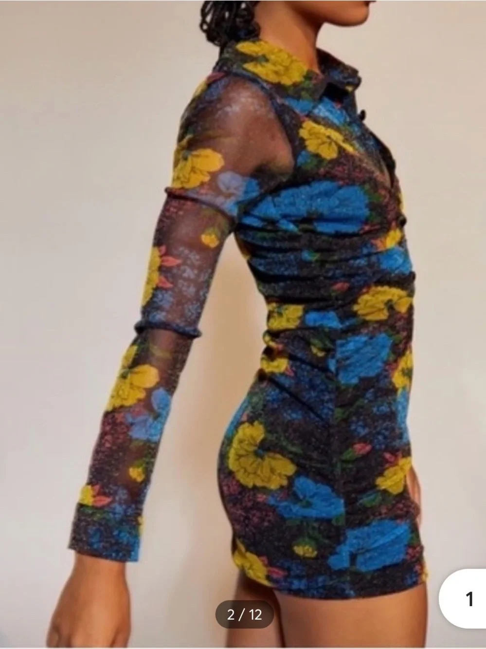 Urban Outfitters Ruched Sheer Floral Mini Dress in Blue & Yellow T-23